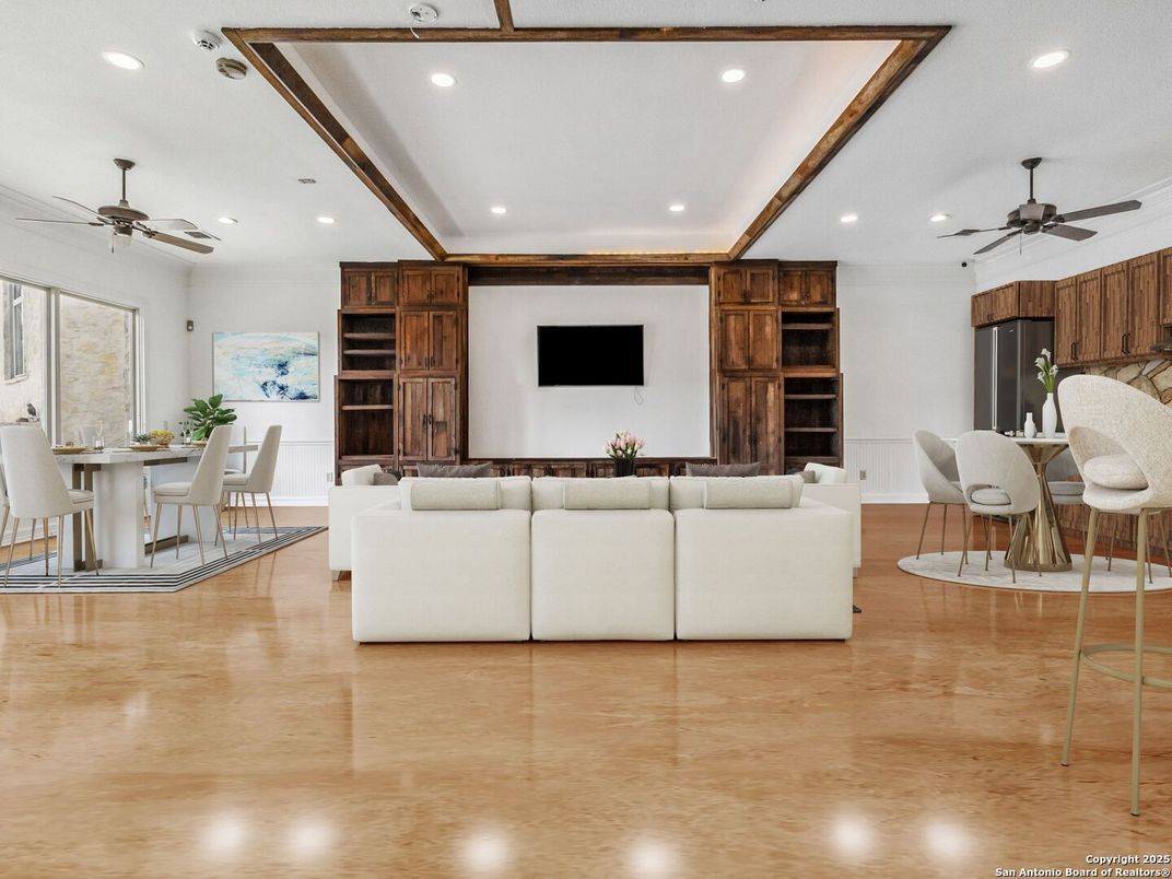 Dining room, Interior, Living room, Recessed Lighting, Wood Texture Flooring