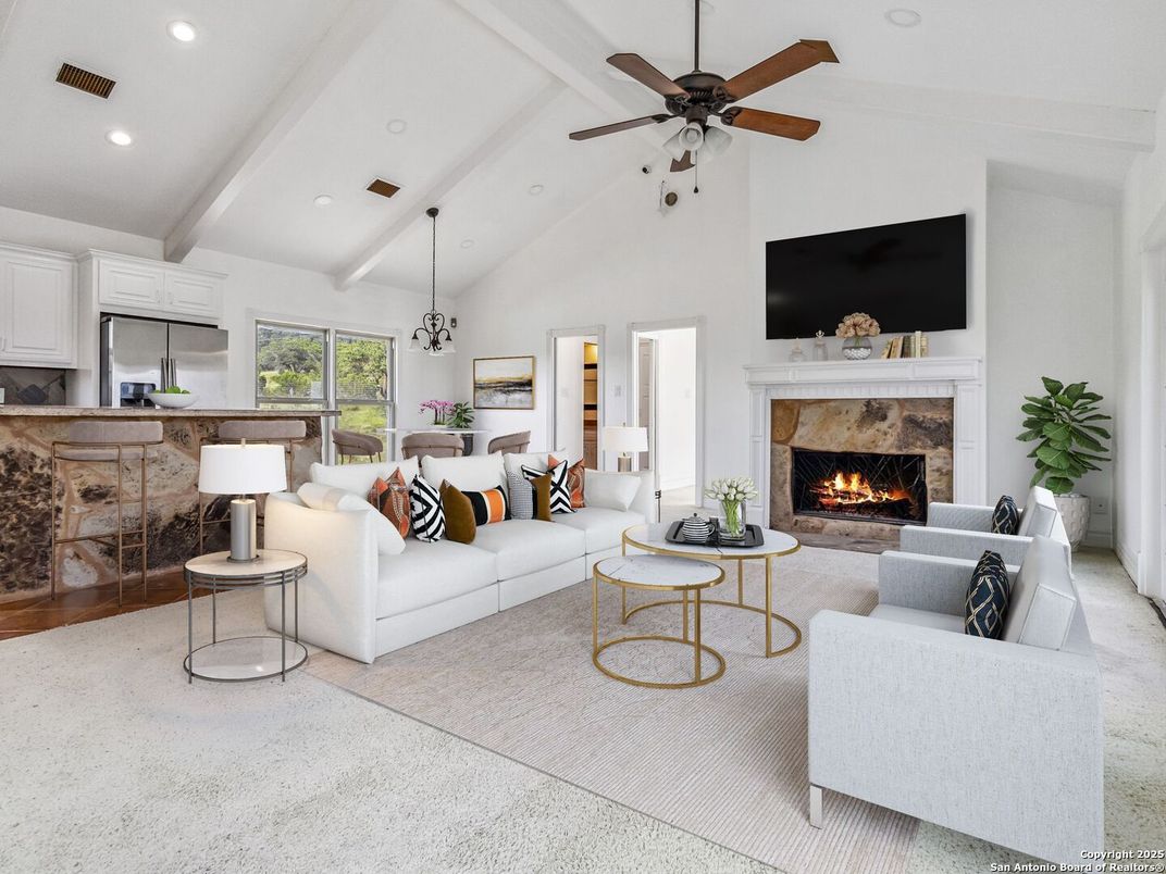 Dining room, Fireplace, Interior, Kitchen, Living room, Pendant Lights, Recessed Lighting