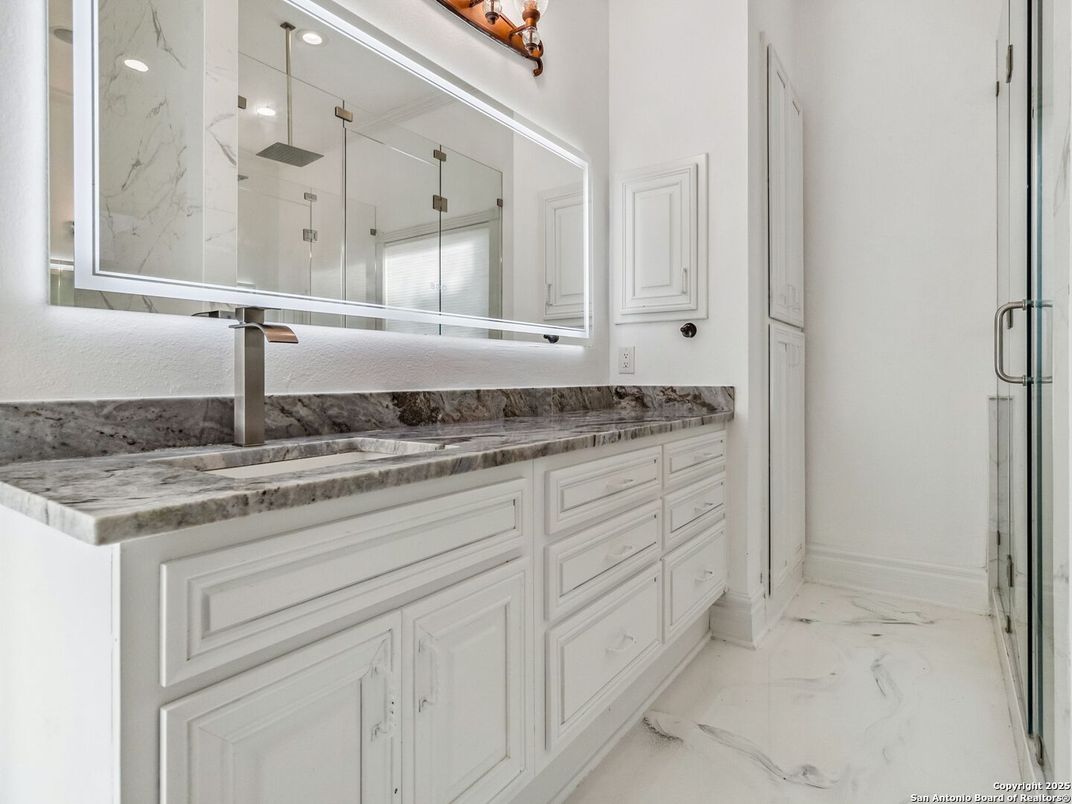 Bathroom, Dual Sink Vanities, Glass Shower, Interior, Marble, Marble Walls