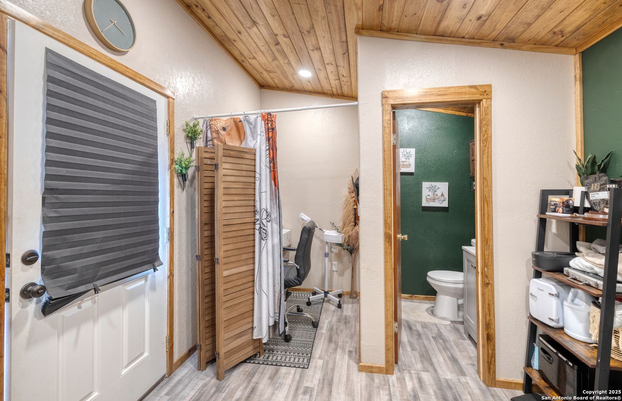 Bathroom, Interior, Recessed Lighting, Wooden Ceilings, Wood Texture Flooring