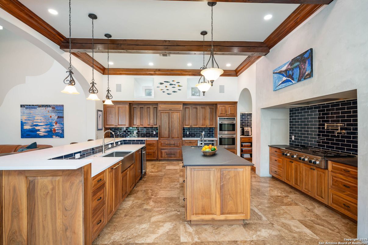 Interior, Kitchen, Pendant Lights, Recessed Lighting, Stainless Steel Appliances, Wooden Beams