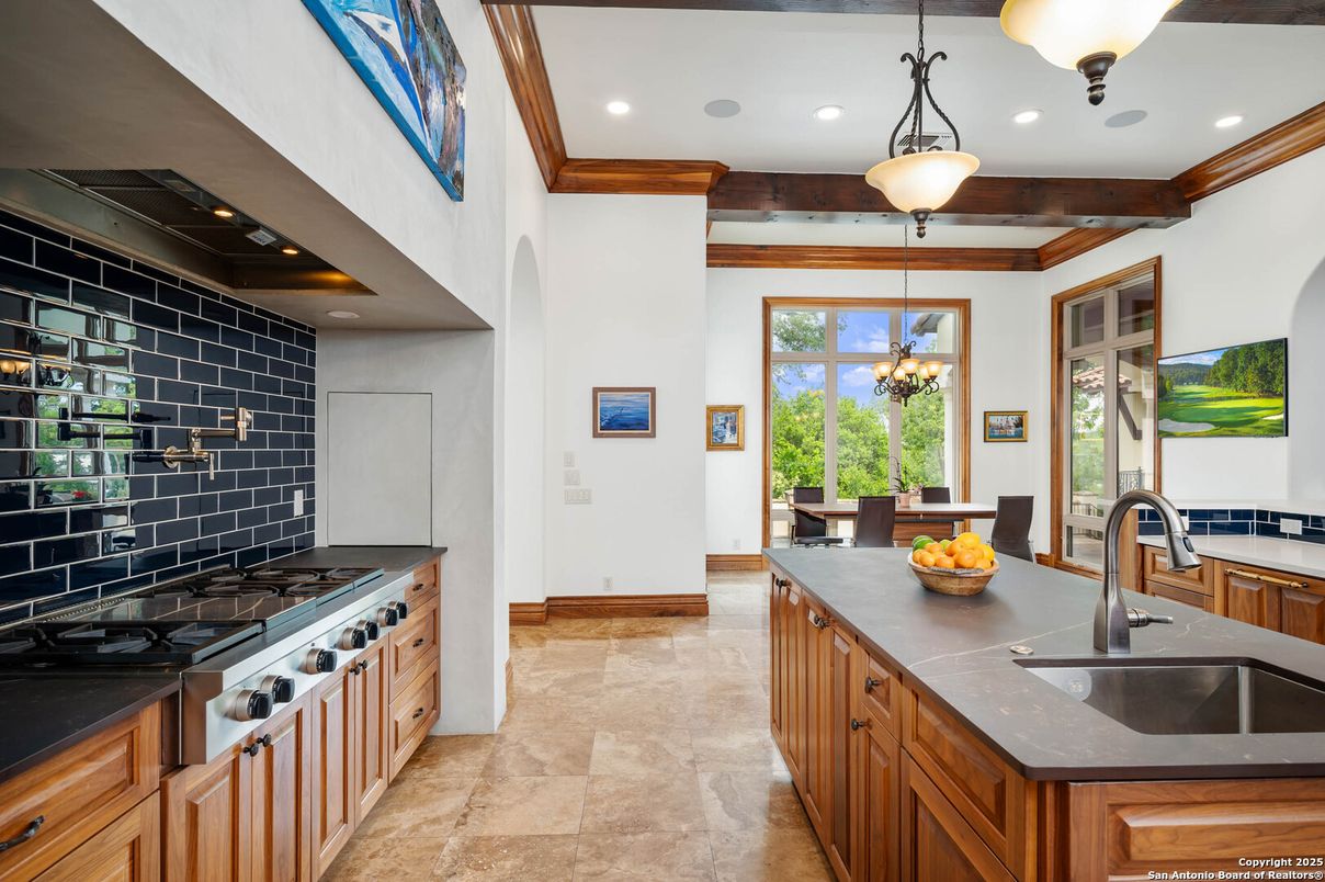 Chandelier, Interior, Kitchen, Pendant Lights, Recessed Lighting, Stainless Steel Appliances, Wooden Beams