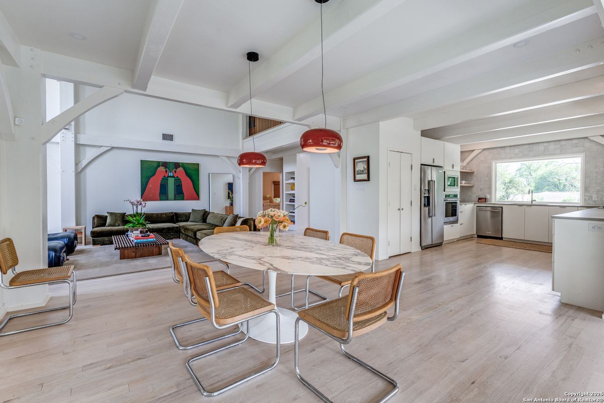 Dining room, Interior, Kitchen, Living room, Pendant Lights, Stainless Steel Appliances, Wood Texture Flooring