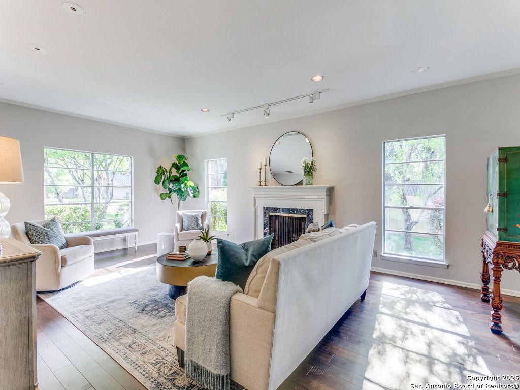 Fireplace, Interior, Living room, Recessed Lighting, Wood Texture Flooring