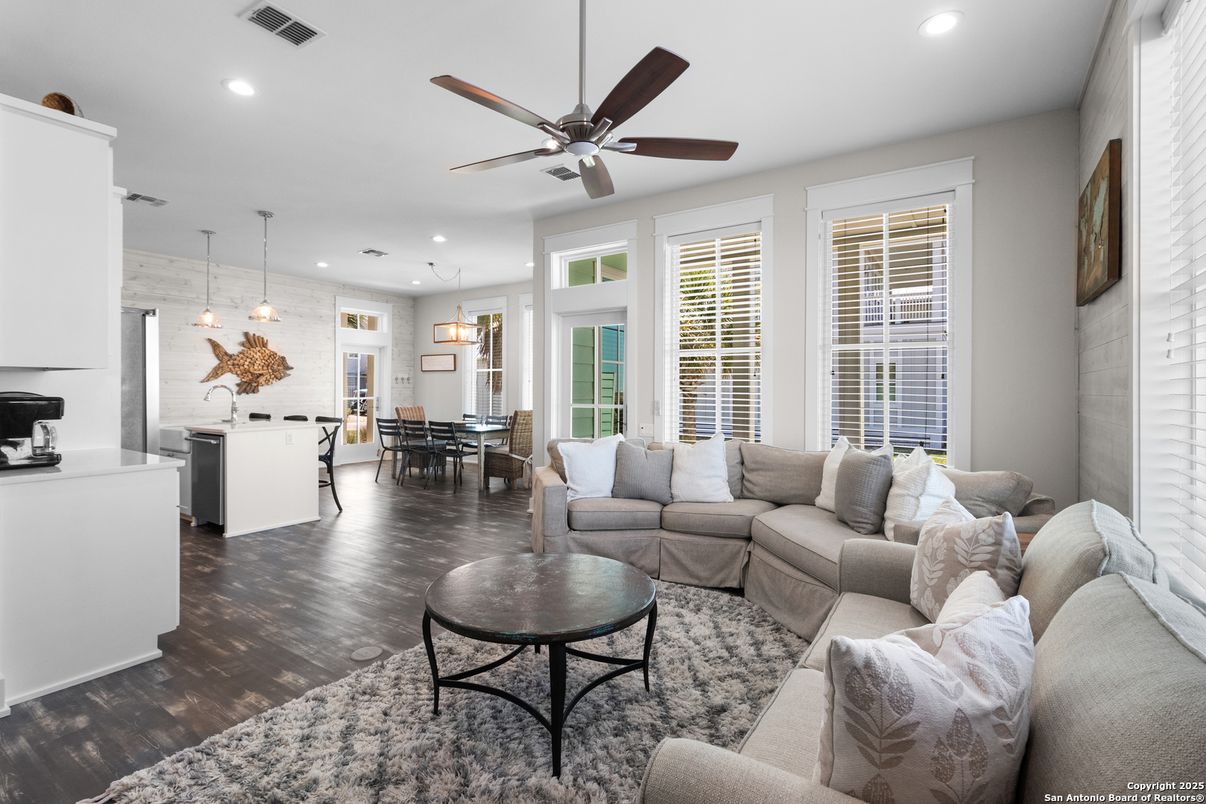 Dining room, Interior, Kitchen, Living room, Pendant Lights, Recessed Lighting, Wood Texture Flooring