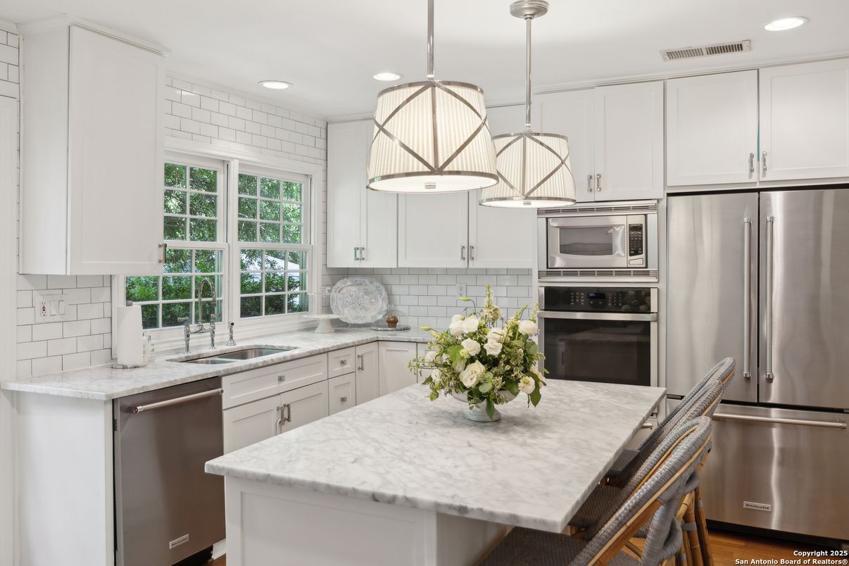 Interior, Kitchen, Pendant Lights, Recessed Lighting, Stainless Steel Appliances, Wood Texture Flooring