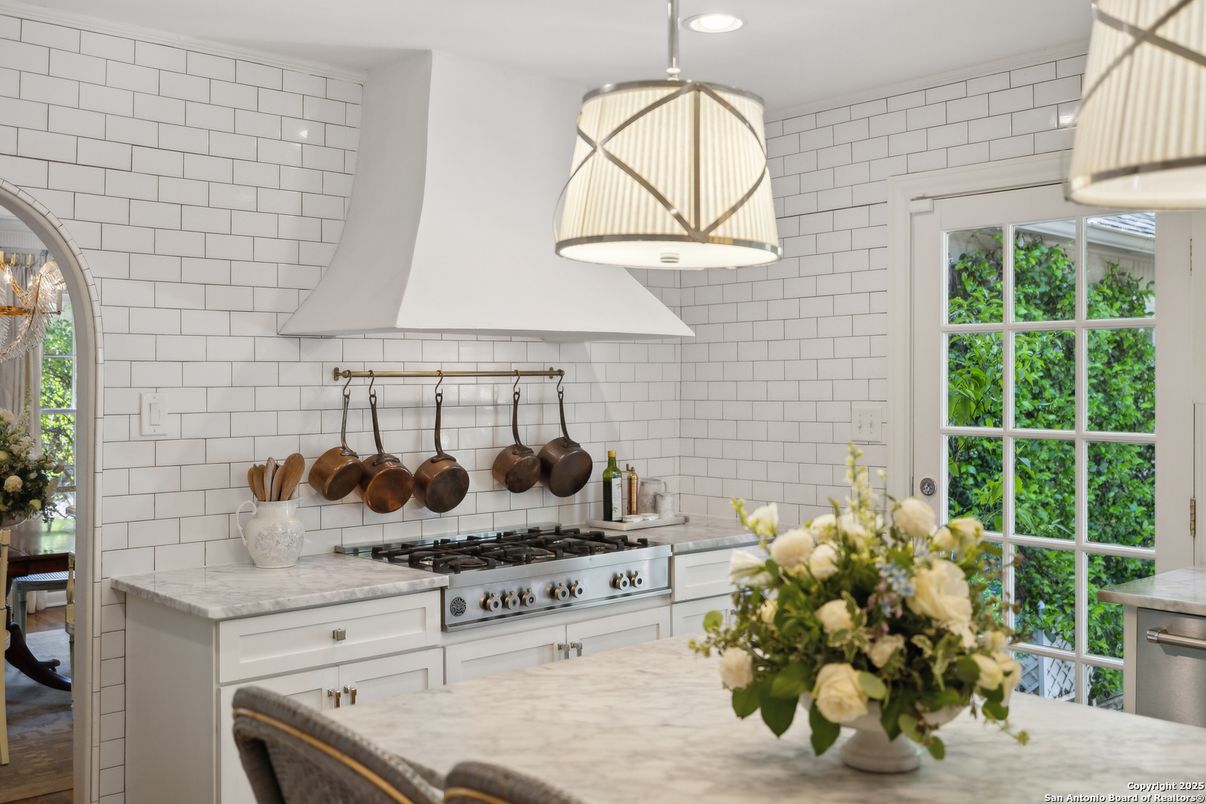 Interior, Kitchen, Pendant Lights, Recessed Lighting, Stainless Steel Appliances, Stone Walls