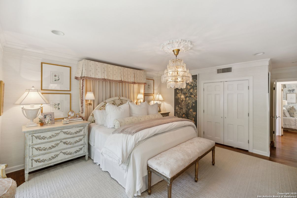 Bedroom, Chandelier, Interior, Wood Texture Flooring