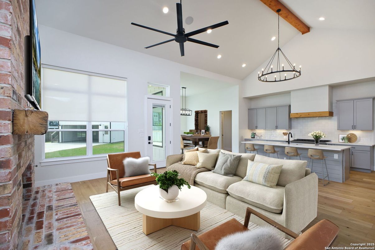 Interior, Kitchen, Living room, Pendant Lights, Recessed Lighting, Stone Walls, Wooden Beams, Wood Texture Flooring