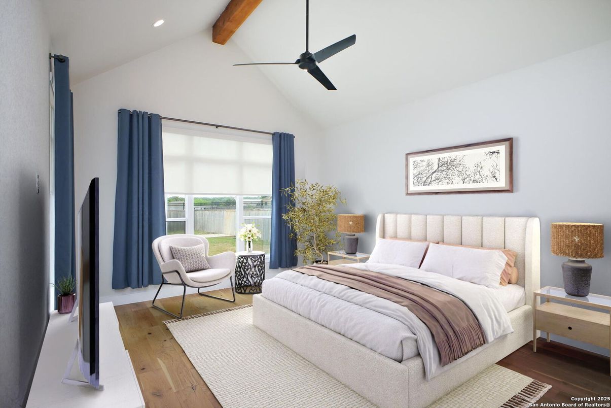 Bedroom, Interior, Recessed Lighting, Wooden Beams, Wood Texture Flooring