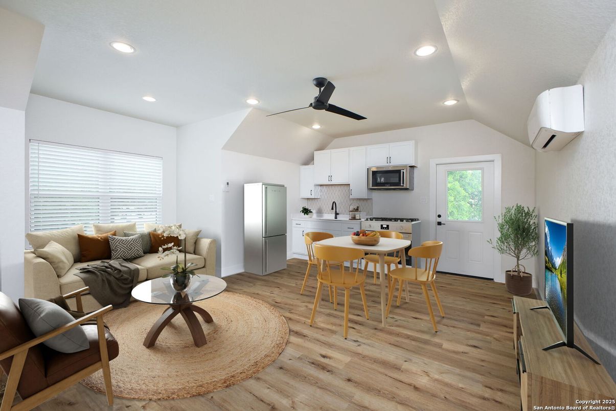 Dining room, Interior, Kitchen, Living room, Recessed Lighting, Wood Texture Flooring