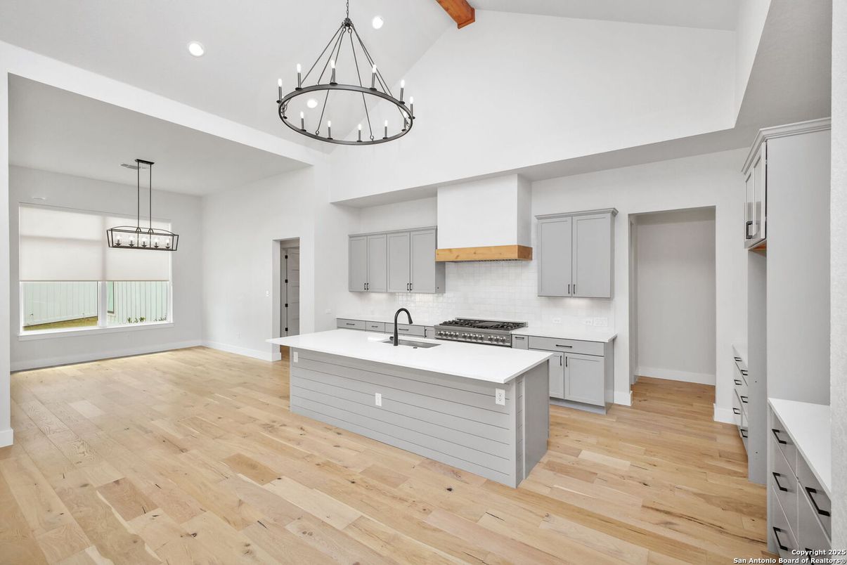 Interior, Kitchen, Pendant Lights, Recessed Lighting, Wooden Beams, Wood Texture Flooring