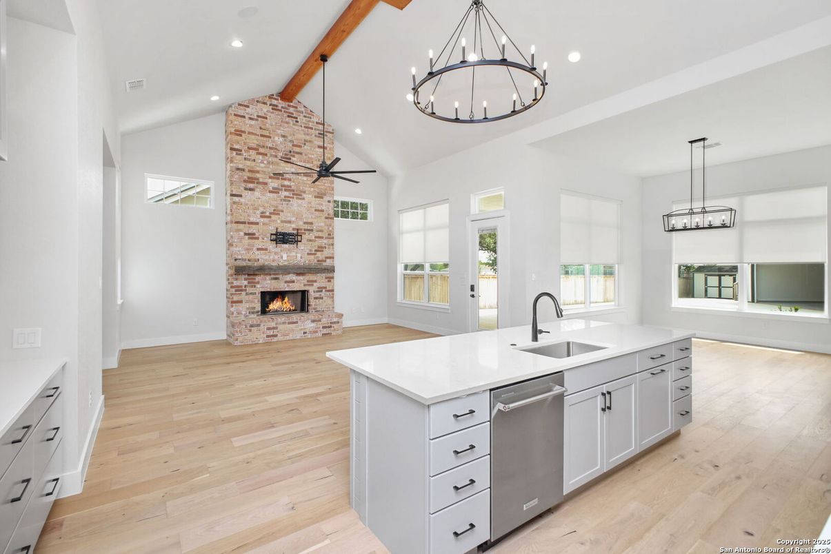 Fireplace, Interior, Kitchen, Pendant Lights, Recessed Lighting, Stone Walls, Wooden Beams, Wood Texture Flooring