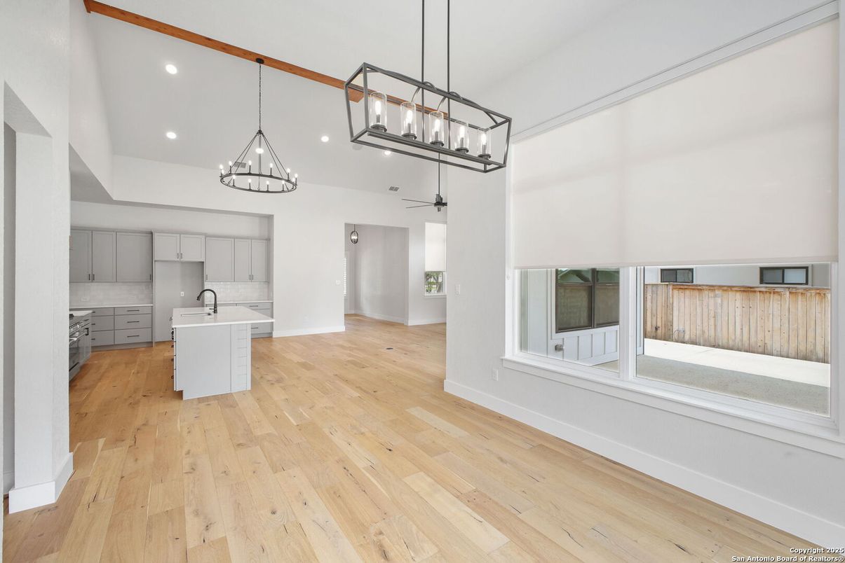 Chandelier, Interior, Kitchen, Pendant Lights, Recessed Lighting, Wood Texture Flooring