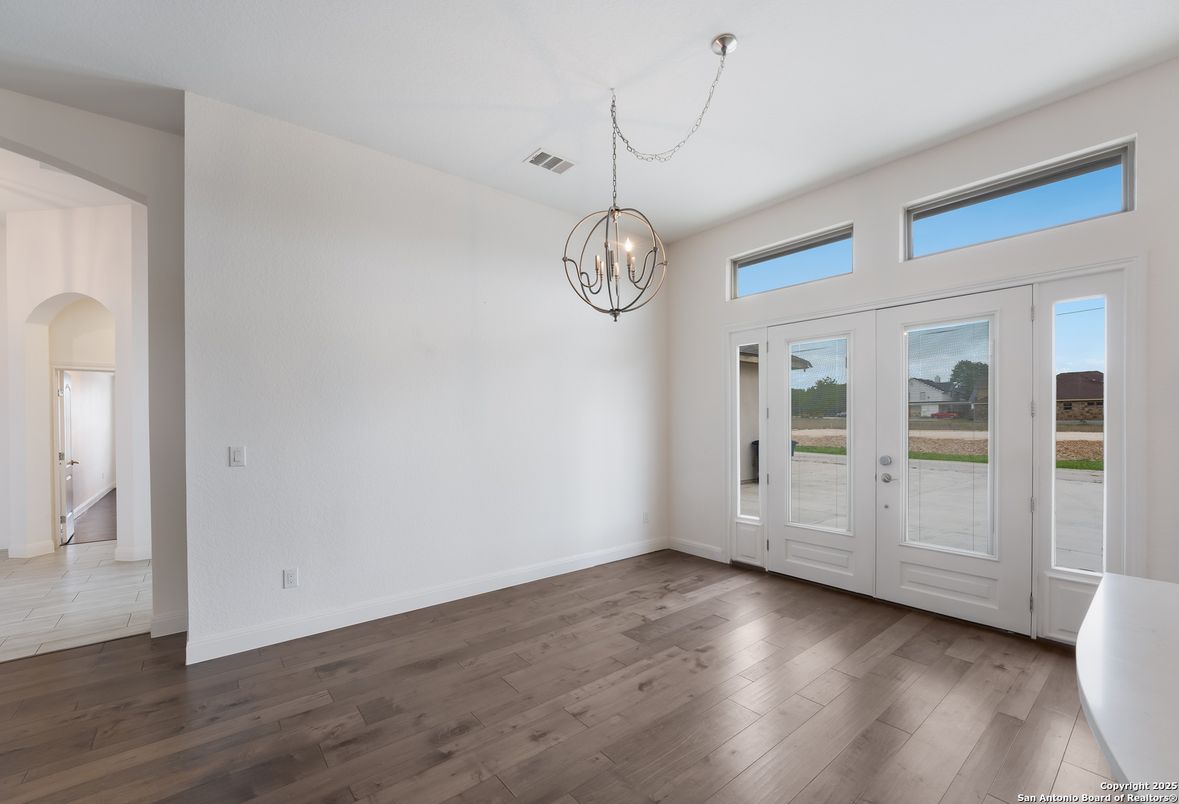 Chandelier, Empty room, Interior, Pendant Lights, Wood Texture Flooring