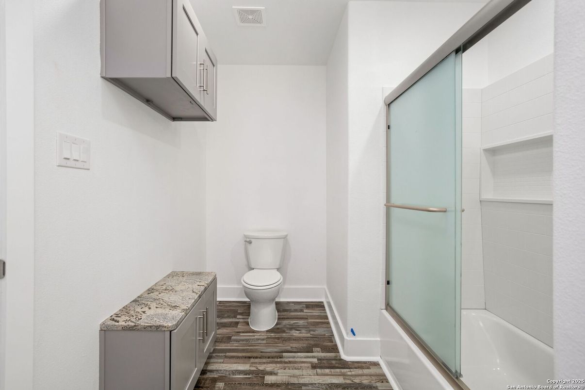 Bathroom, Glass Shower, Interior, Wood Texture Flooring