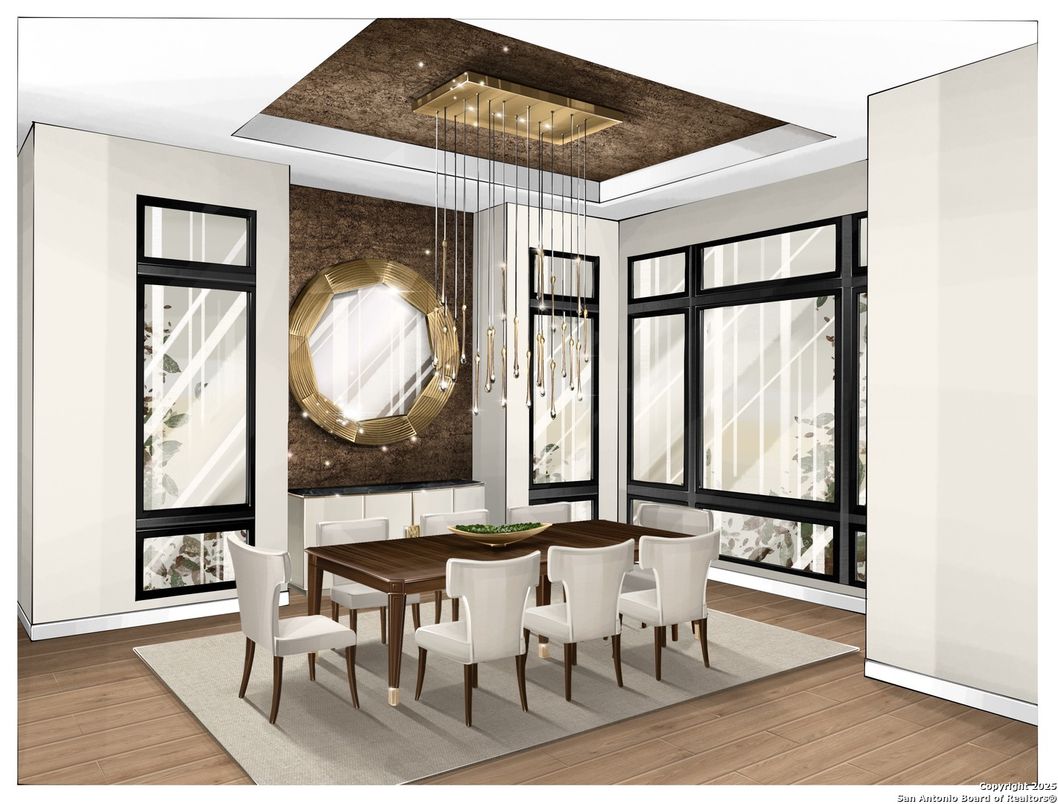 Dining room, Interior, Pendant Lights, Wood Texture Flooring