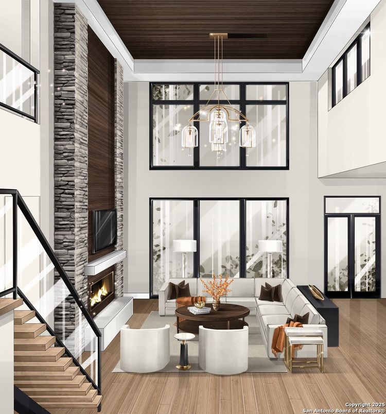 Fireplace, Interior, Living room, Pendant Lights, Wooden Ceilings, Wood Texture Flooring