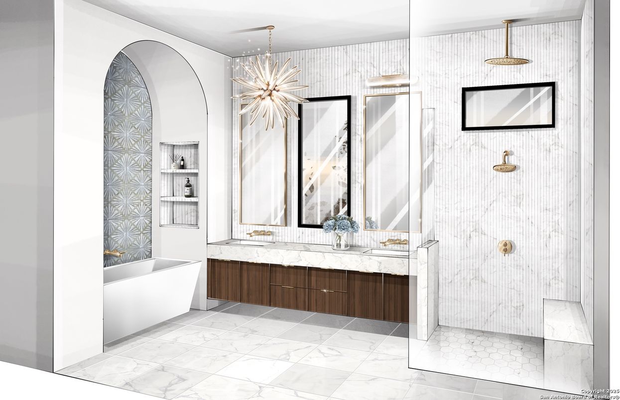 Bathroom, Dual Sink Vanities, Free Standing Baths, Interior, Marble, Pendant Lights