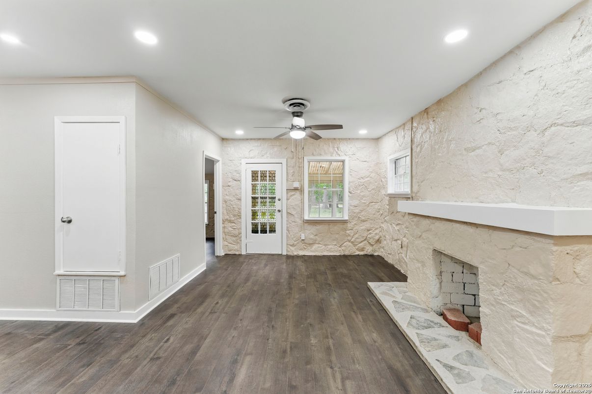 Interior, Marble Walls, Recessed Lighting, Stone Walls, Wood Texture Flooring