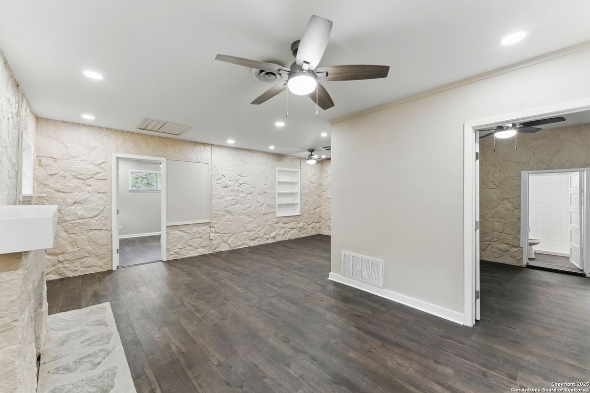 Empty room, Interior, Recessed Lighting, Stone Walls, Wood Texture Flooring