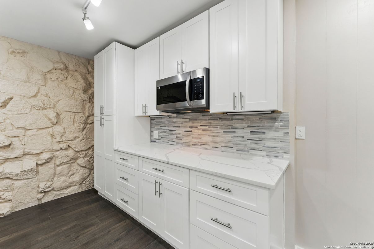 Interior, Kitchen, Marble Walls, Stone Walls, Wood Texture Flooring