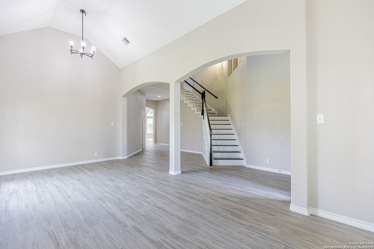 Chandelier, Empty room, Interior, Pendant Lights, Recessed Lighting, Wood Texture Flooring