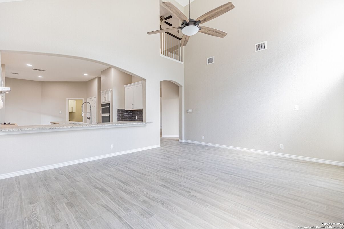Empty room, Interior, Kitchen, Recessed Lighting, Wood Texture Flooring