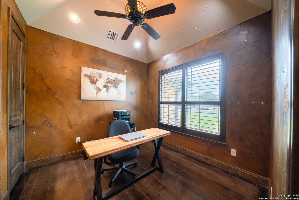 Home Office, Interior, Recessed Lighting, Wood Texture Flooring, Wooden Walls