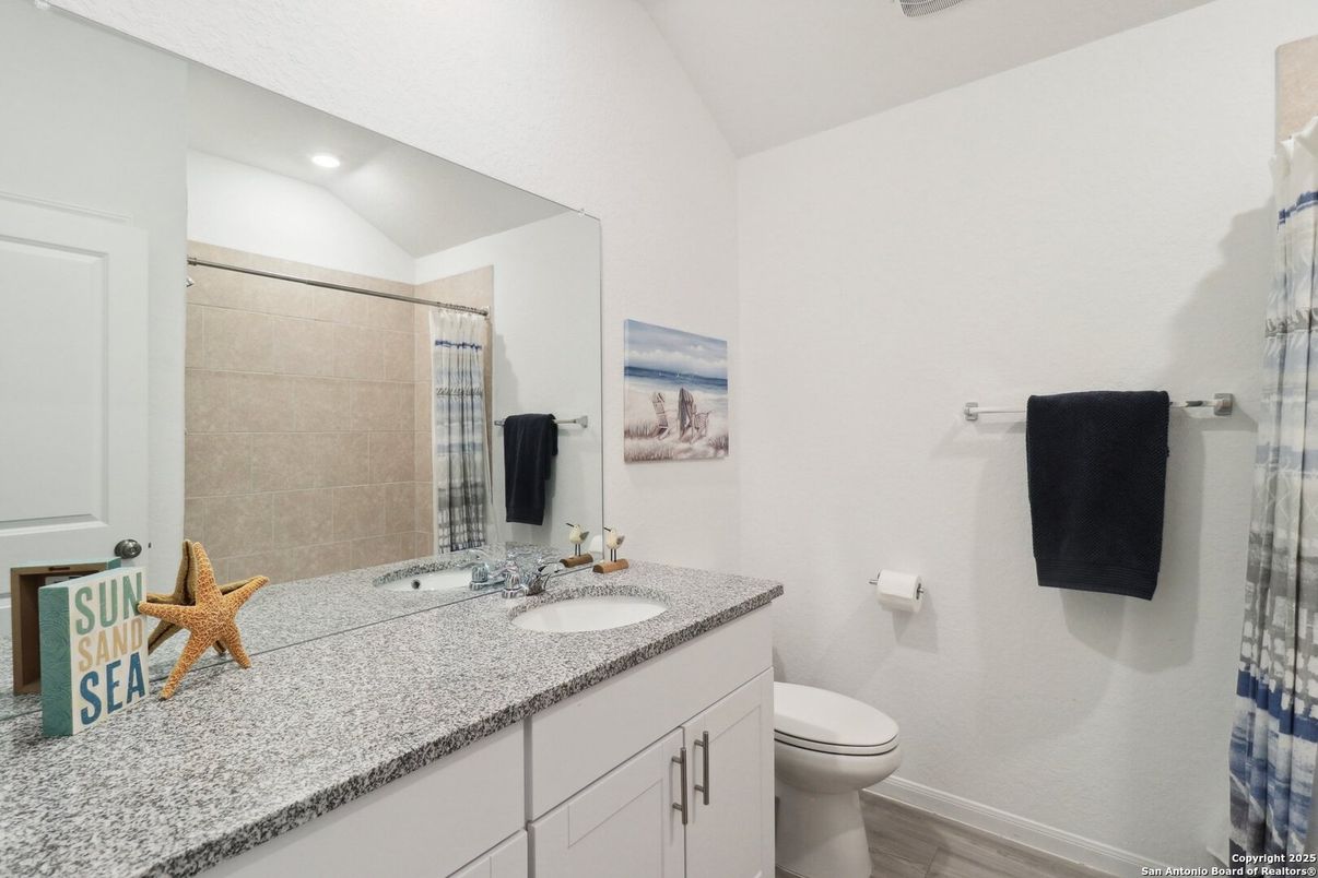 Bathroom, Dual Sink Vanities, Interior, Recessed Lighting, Wood Texture Flooring