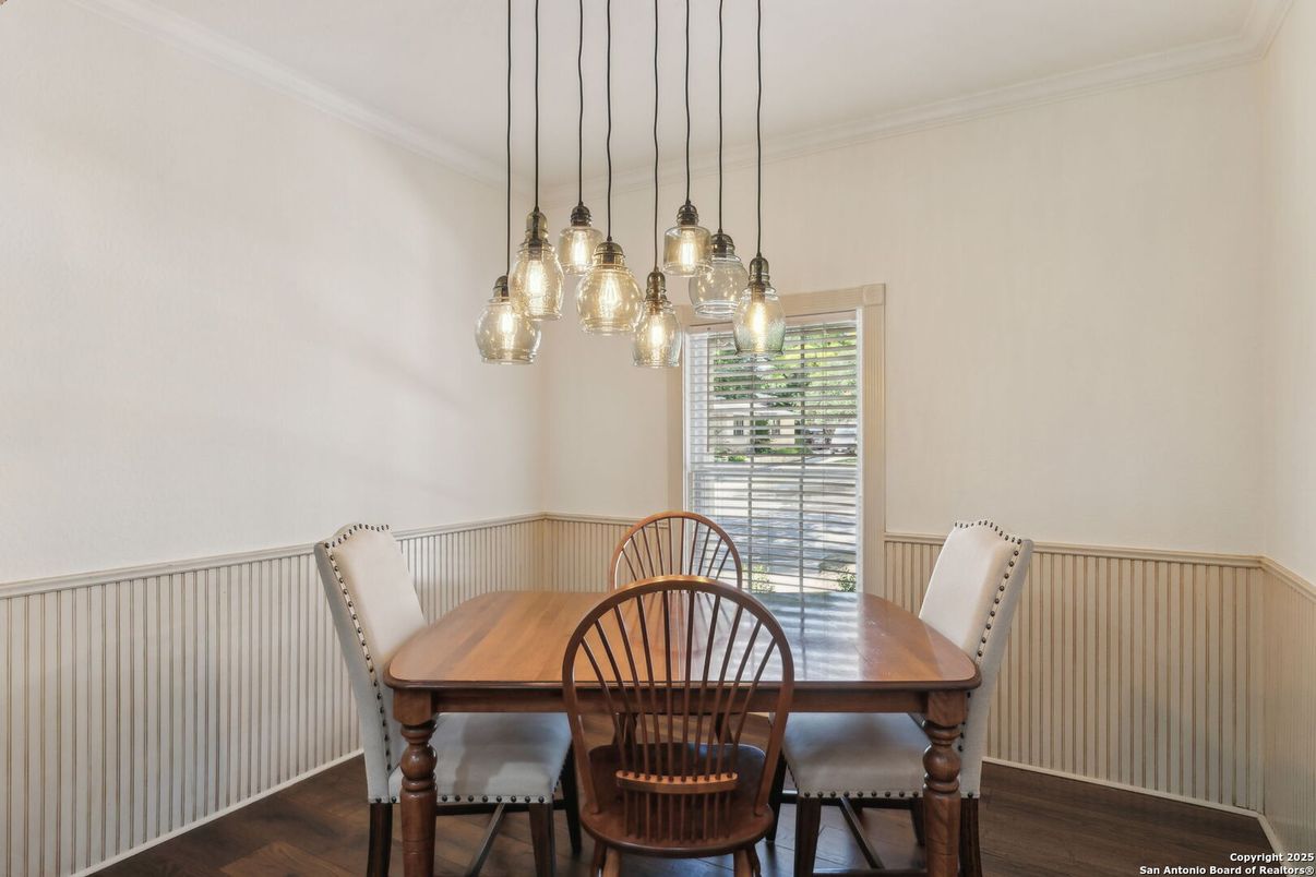Dining room, Interior, Pendant Lights, Wood Texture Flooring
