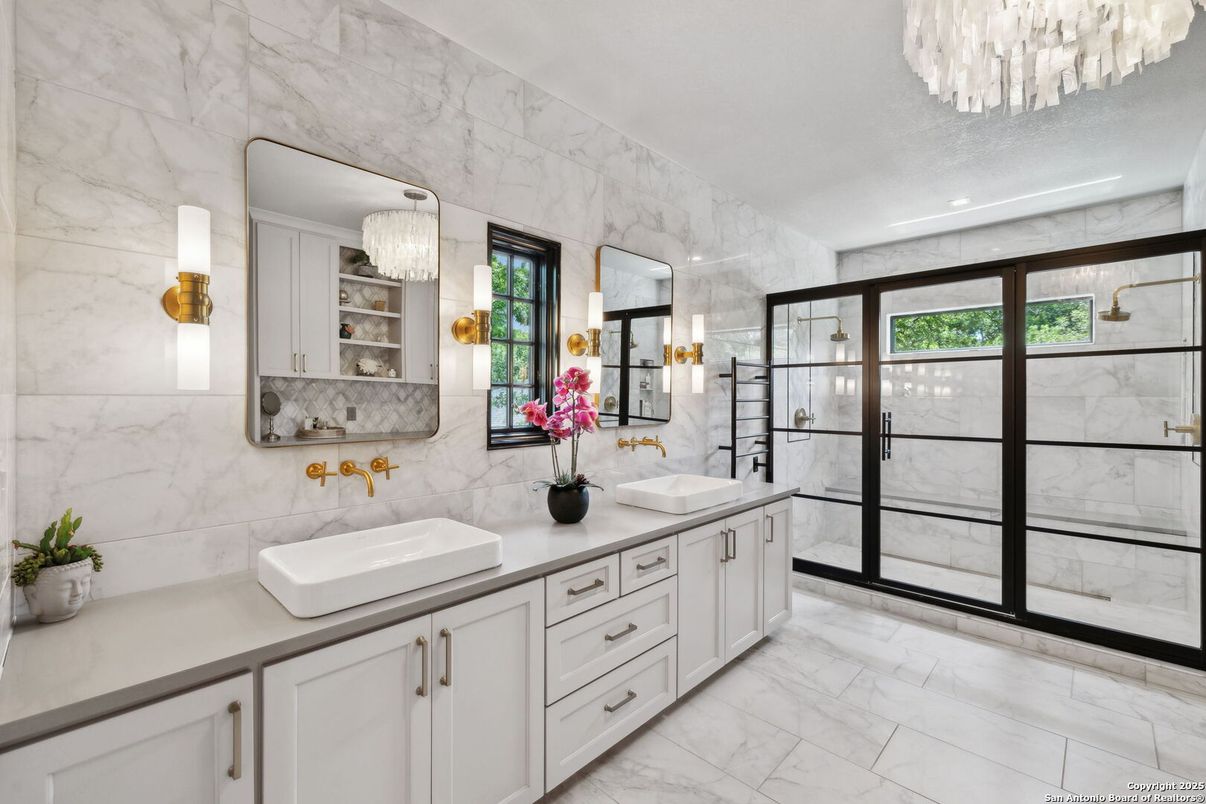 Bathroom, Chandelier, Dual Sink Vanities, Glass Shower, Interior, Marble, Marble Walls, Recessed Lighting