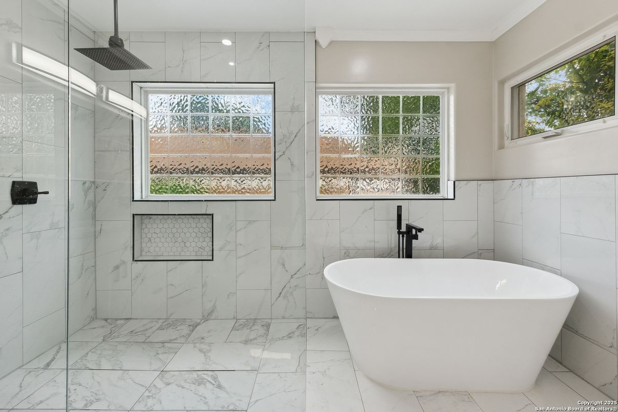 Bathroom, Free Standing Baths, Glass Shower, Interior, Marble, Marble Walls