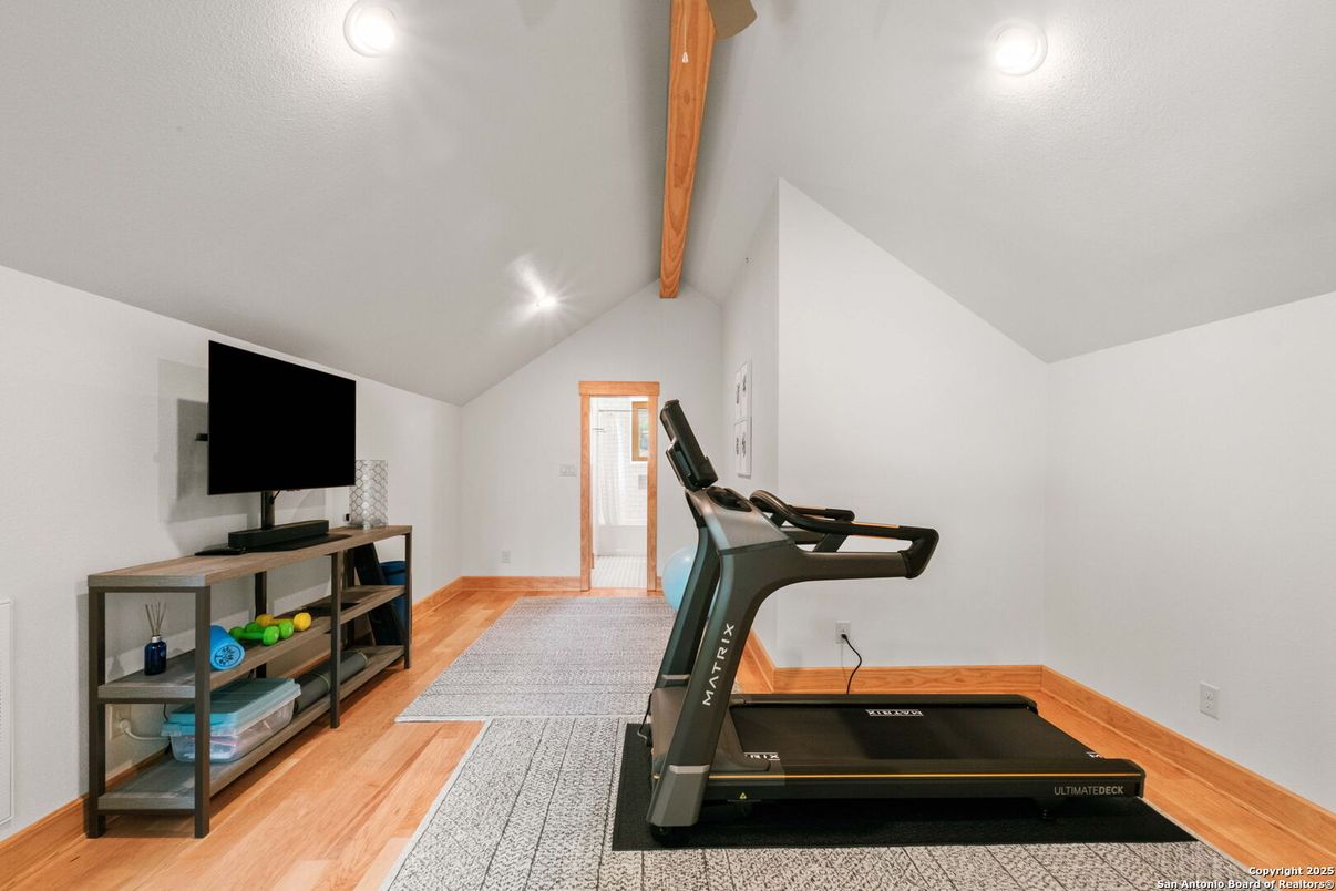 Fitness Equipment, Interior, Recessed Lighting, Wooden Beams, Wood Texture Flooring