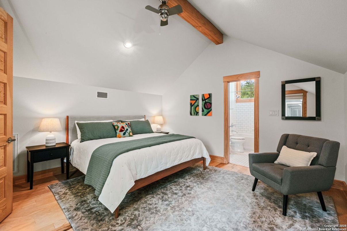 Bathroom, Bedroom, Interior, Recessed Lighting, Wooden Beams, Wood Texture Flooring