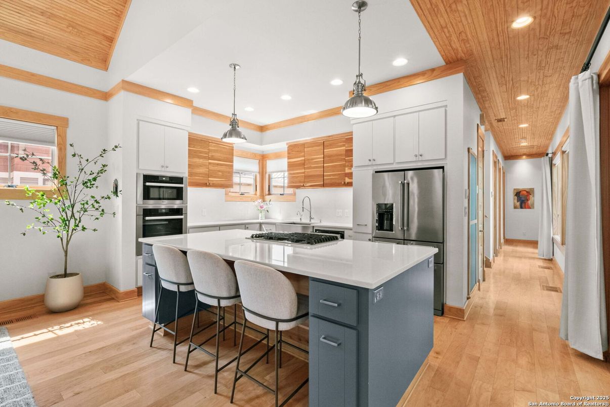 Interior, Kitchen, Pendant Lights, Recessed Lighting, Stainless Steel Appliances, Wooden Ceilings, Wood Texture Flooring