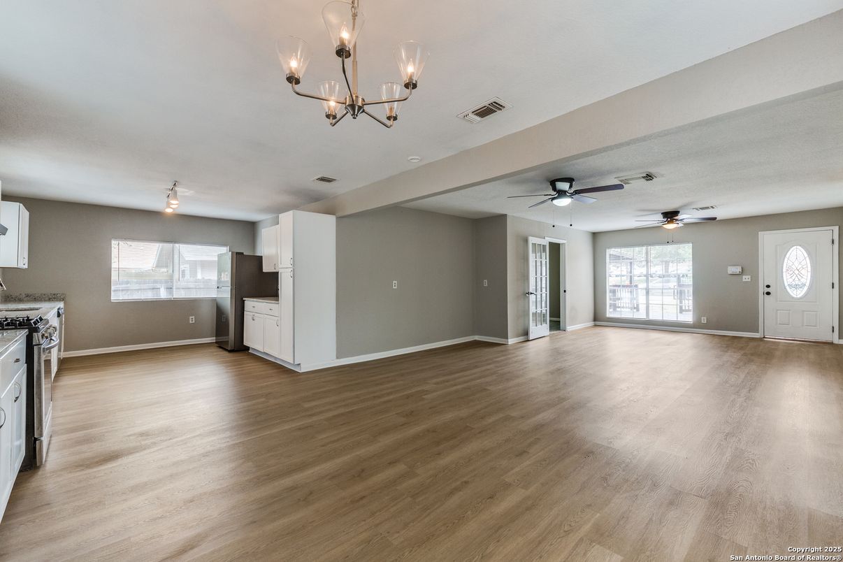 Chandelier, Empty room, Interior, Kitchen, Wood Texture Flooring