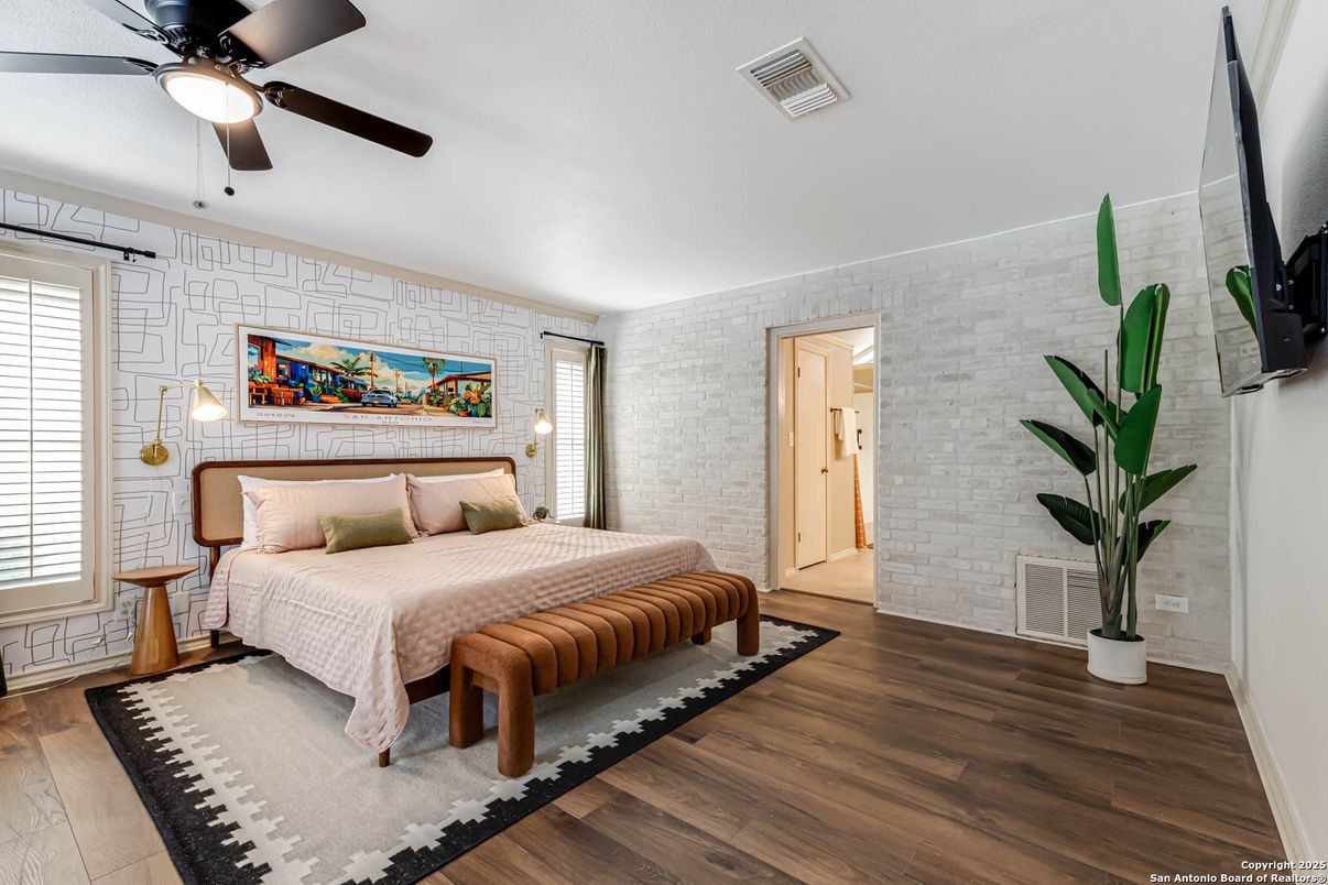 Bedroom, Interior, Stone Walls, Wood Texture Flooring
