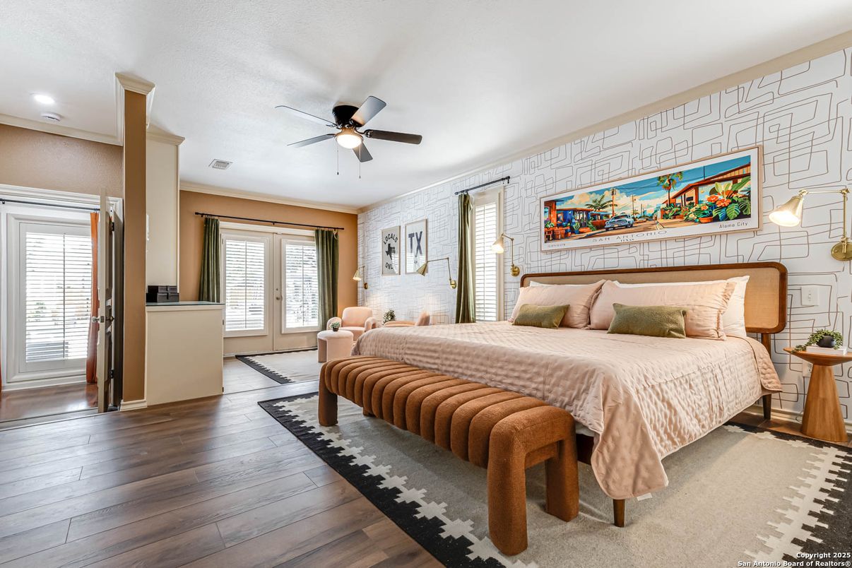 Bedroom, Interior, Recessed Lighting, Wood Texture Flooring