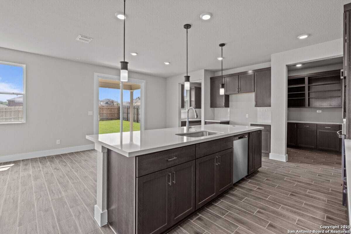 Interior, Kitchen, Pendant Lights, Recessed Lighting, Wood Texture Flooring