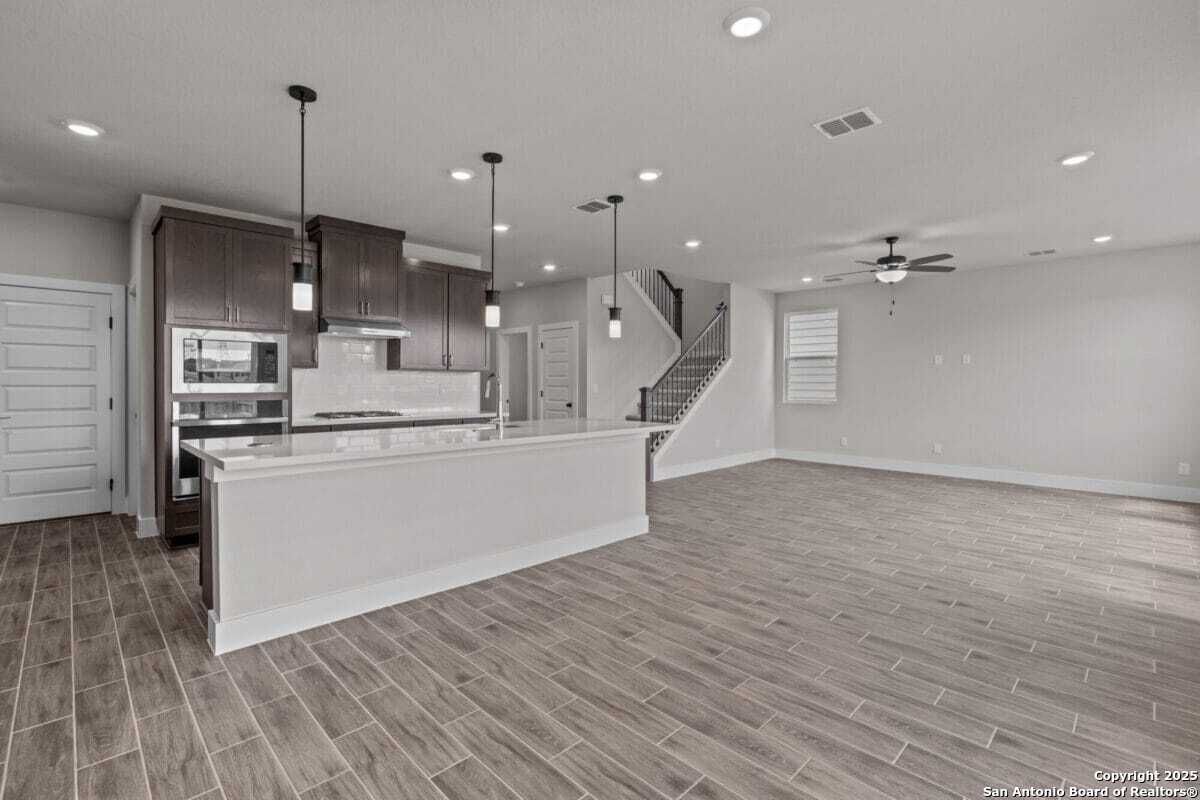 Empty room, Interior, Kitchen, Pendant Lights, Recessed Lighting, Wood Texture Flooring