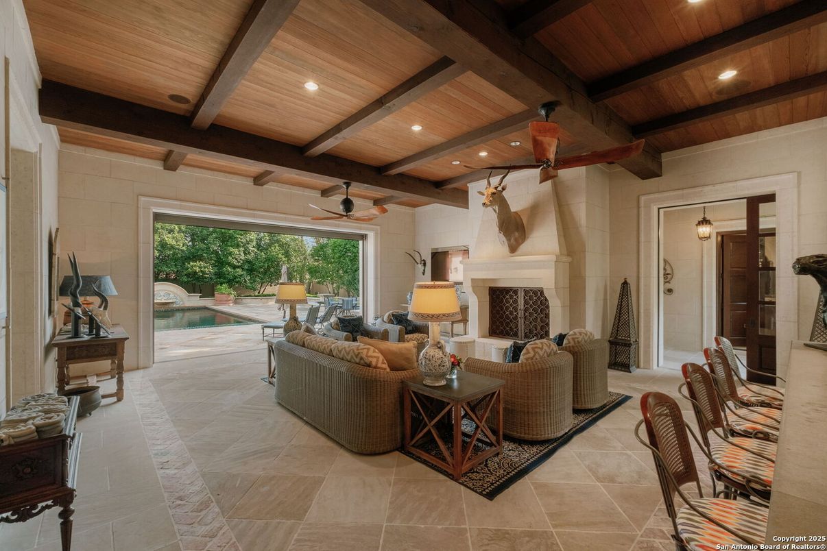 Fireplace, Interior, Living room, Recessed Lighting, Wooden Beams, Wooden Ceilings