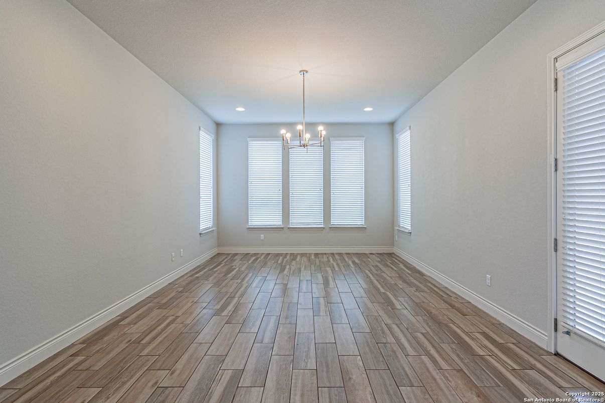 Chandelier, Empty room, Interior, Recessed Lighting, Wood Texture Flooring