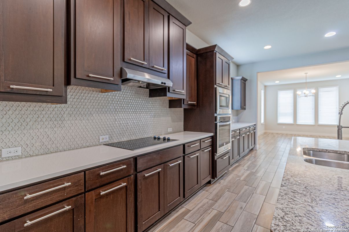 Chandelier, Interior, Kitchen, Pendant Lights, Recessed Lighting, Wood Texture Flooring