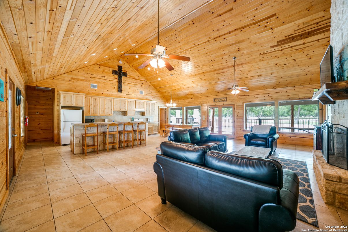 Interior, Kitchen, Living room, Recessed Lighting, Wooden Ceilings, Wooden Walls