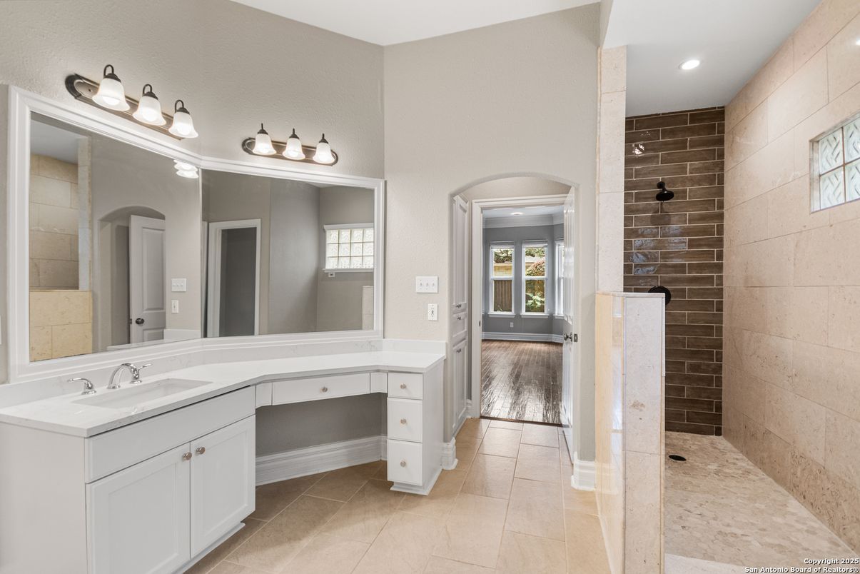 Bathroom, Interior, Recessed Lighting, Stone Walls, Wood Texture Flooring