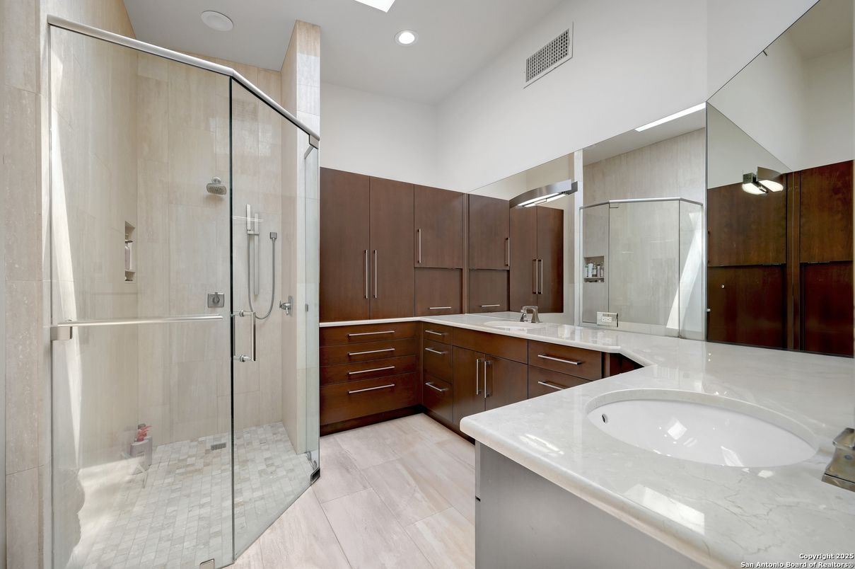 Bathroom, Dual Sink Vanities, Glass Shower, Interior, Recessed Lighting