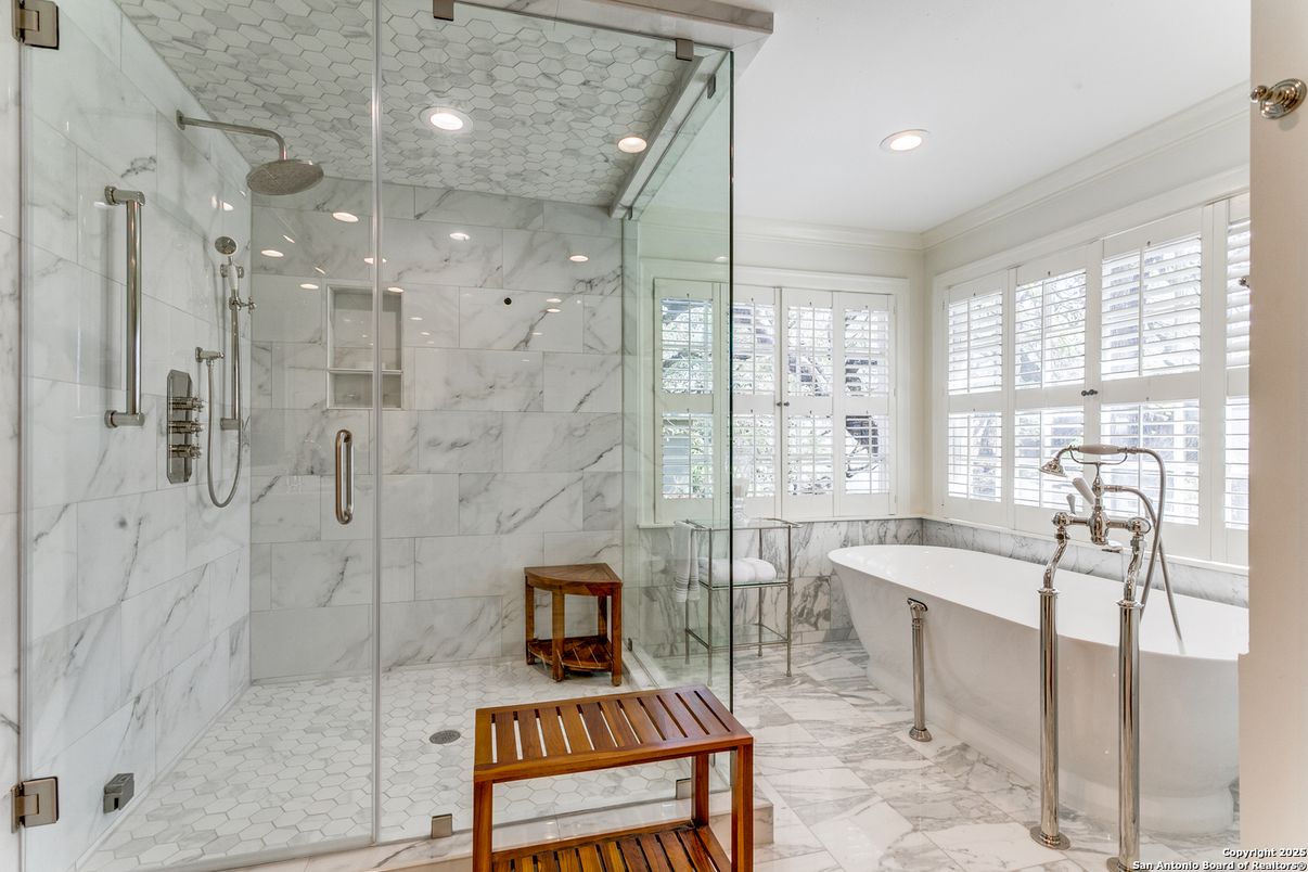 Bathroom, Free Standing Baths, Glass Shower, Interior, Marble, Marble Walls, Recessed Lighting