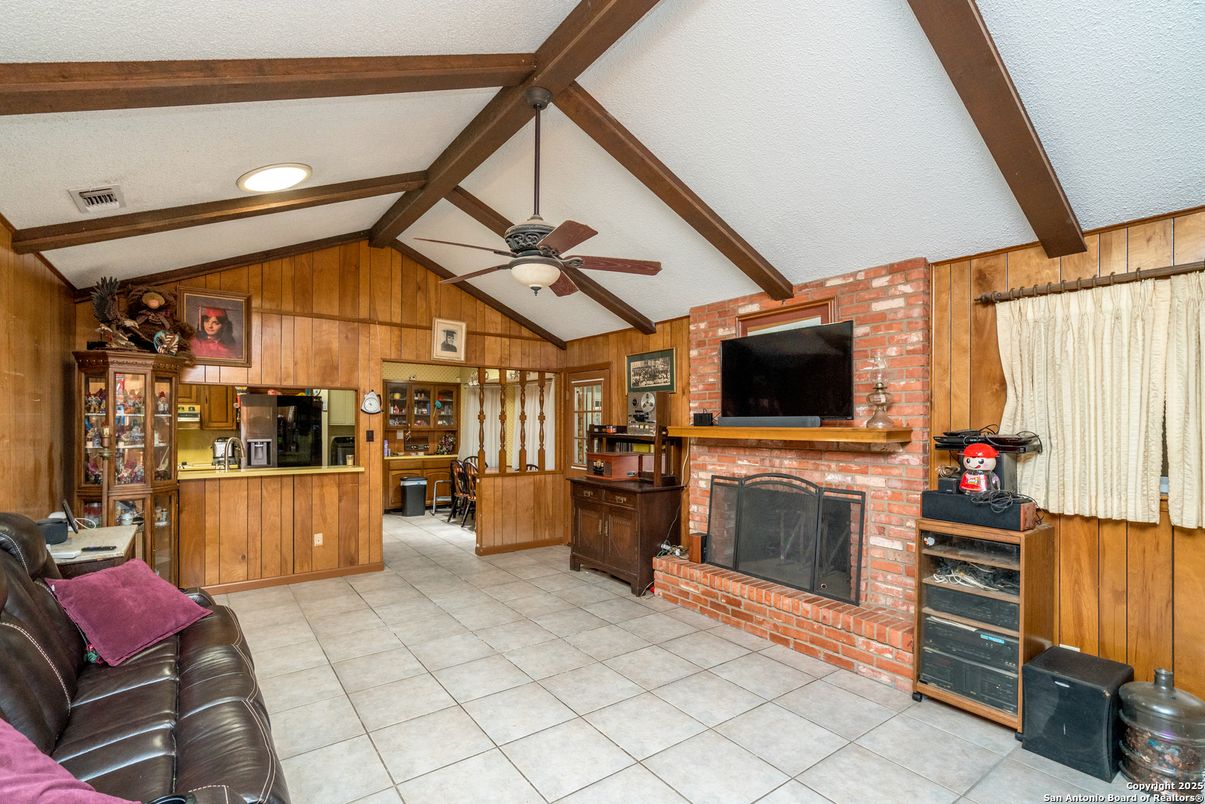 Fireplace, Interior, Living room, Recessed Lighting, Wooden Beams, Wooden Walls