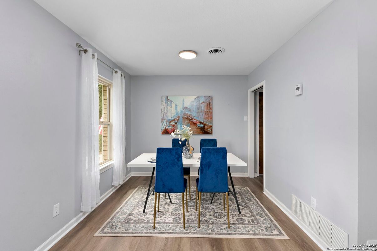 Dining room, Interior, Recessed Lighting, Wood Texture Flooring